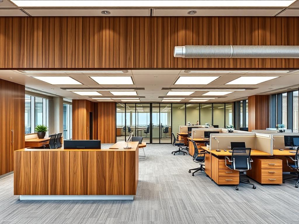 Wooden reception desk and workstations in an office
