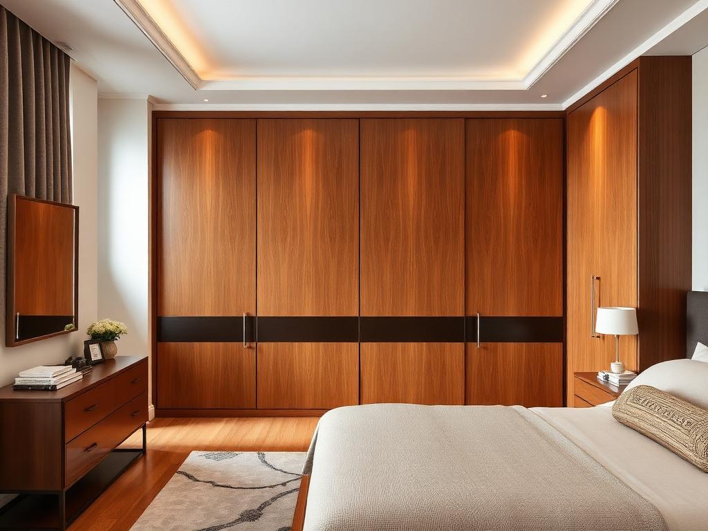 Custom built-in wooden wardrobe in a Bengaluru bedroom